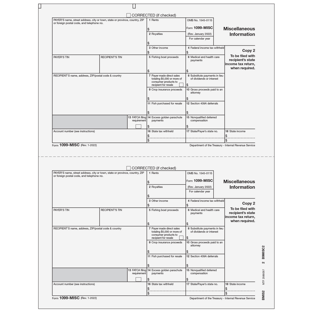 1099-MISC Miscellaneous 2 Up Recipient State Copy 2