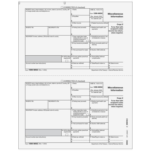 1099-MISC Miscellaneous 2 Up Recipient State Copy 2