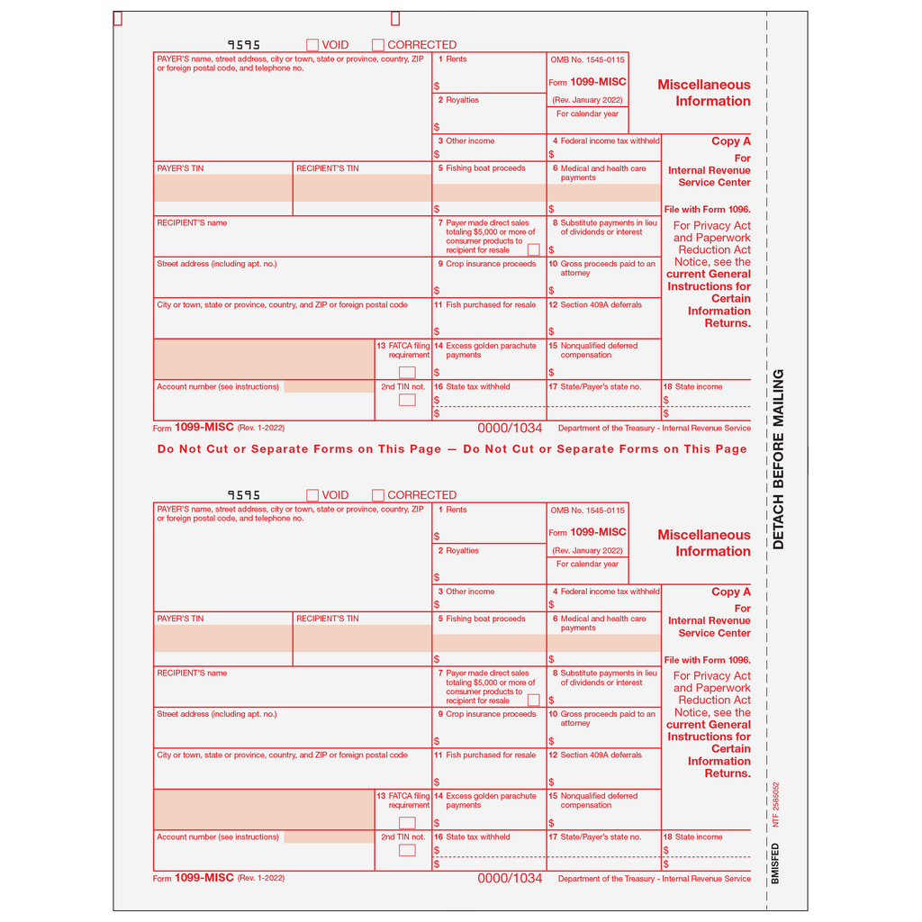 1099-MISC Miscellaneous 2 Up Federal Copy A
