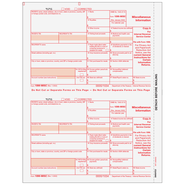 1099-MISC Miscellaneous 2 Up Federal Copy A