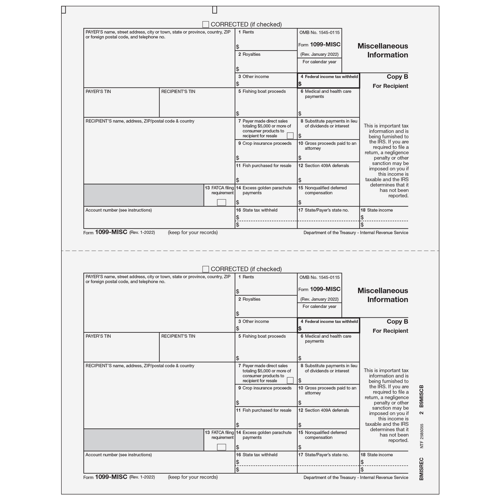 1099-MISC Miscellaneous 2 Up Recipient Copy B