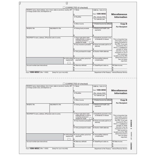 1099-MISC Miscellaneous 2 Up Recipient Copy B