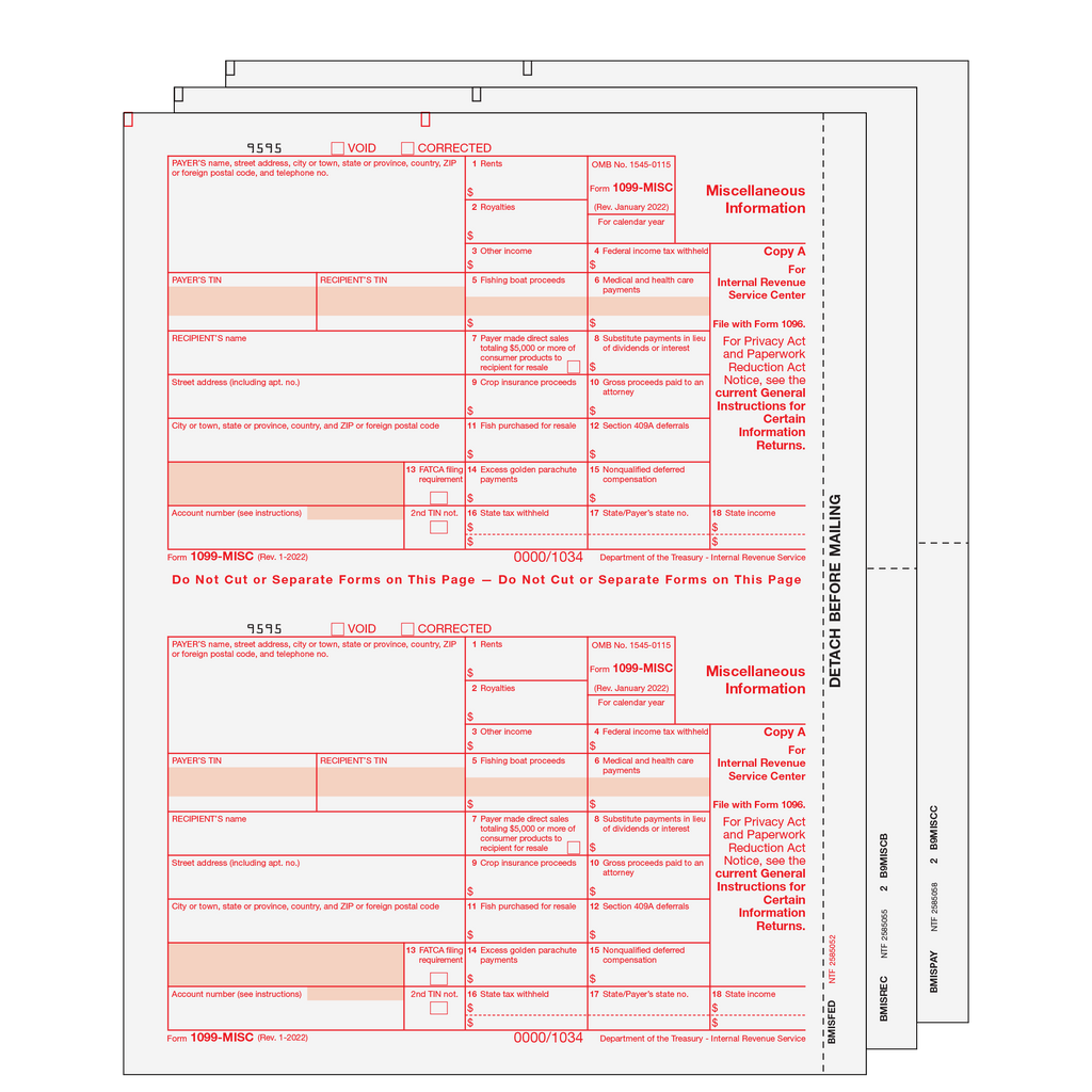 1099-MISC Miscellaneous Laser  Set 3 Part 2 Up (2 Forms Per Page)