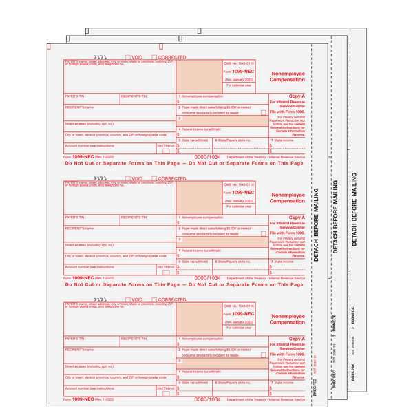 1099-NEC  Non Employee Compensation  3 Part Set